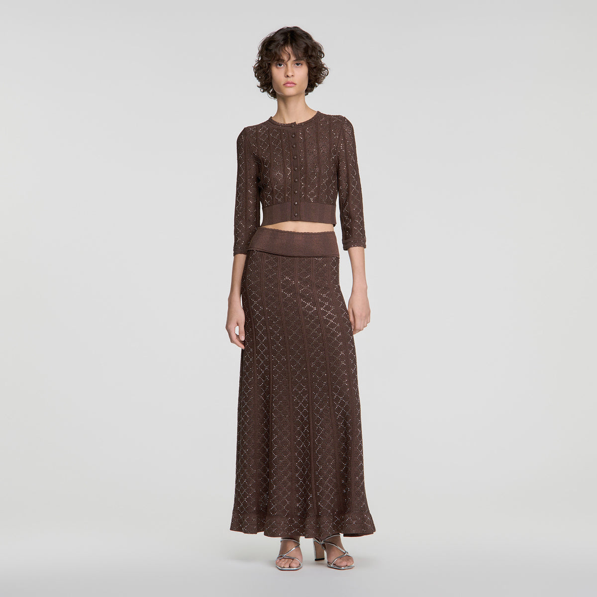 Leslie Long rhinestone knit skirt Brown