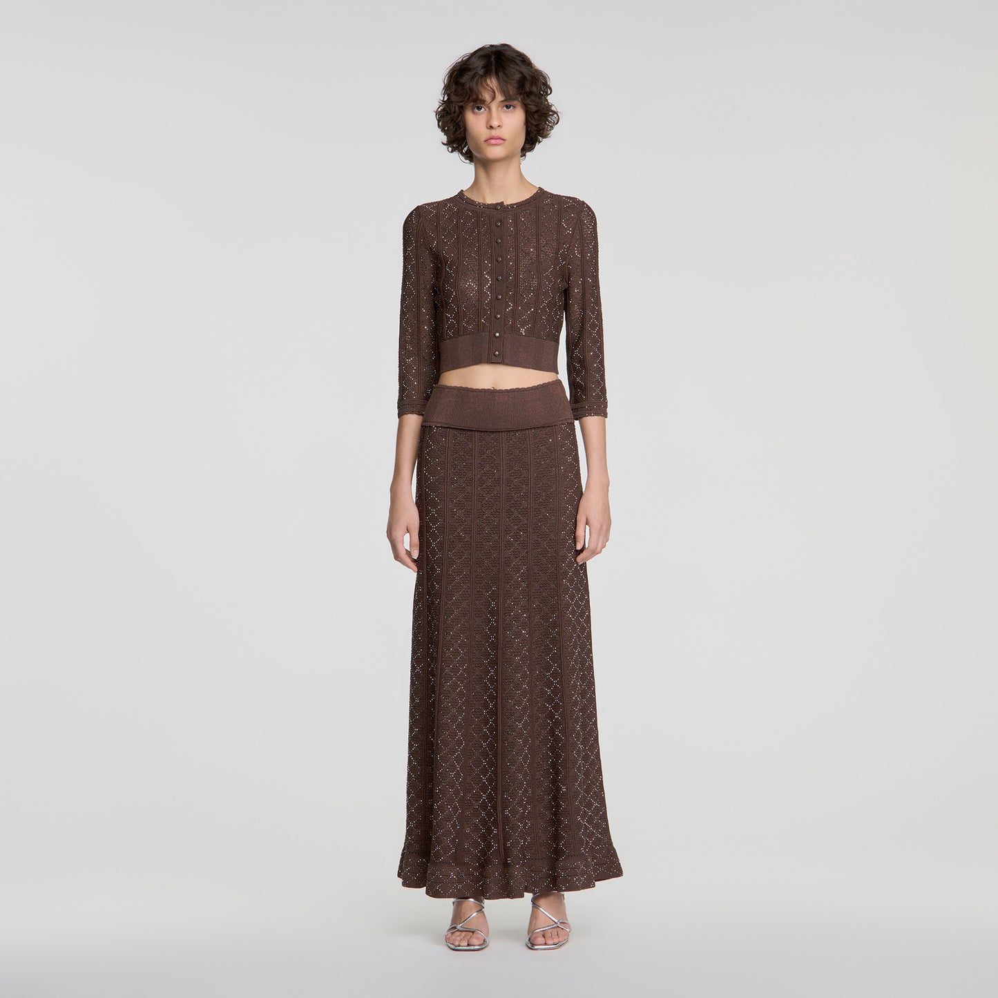 Leslie Long rhinestone knit skirt Brown