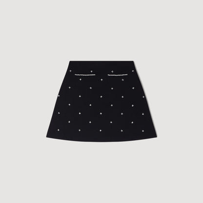 Lydie Rhinestone Embroidered Knit Skirt Black