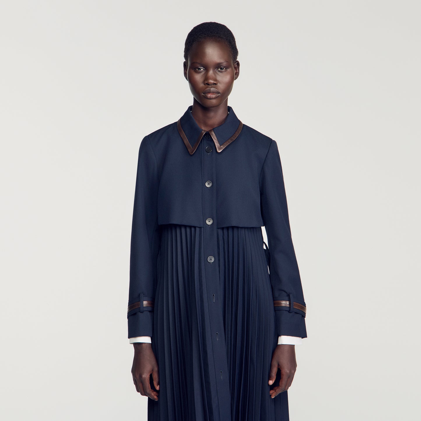 Regine Trench with pleated leather collar Navy Blue