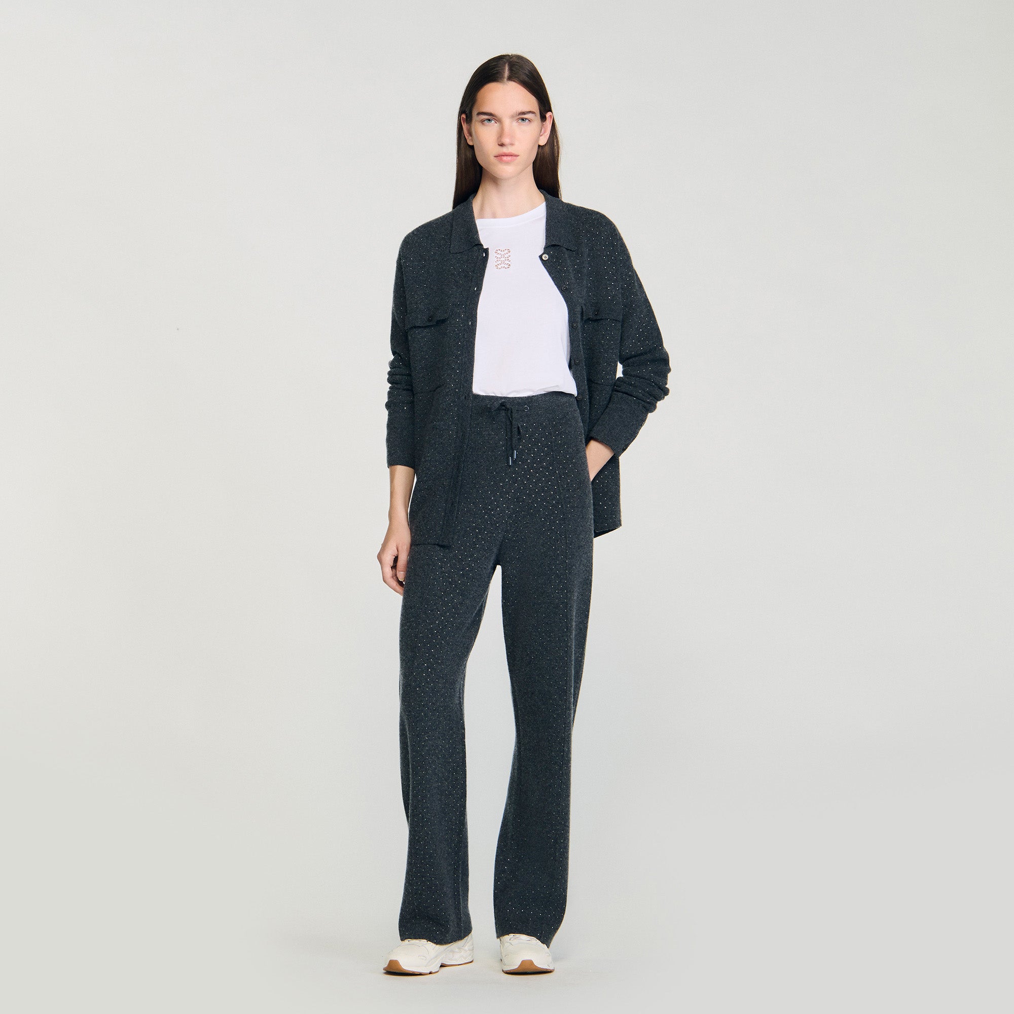 Vadim Knit Rhinestone-Covered Trousers Charcoal Grey