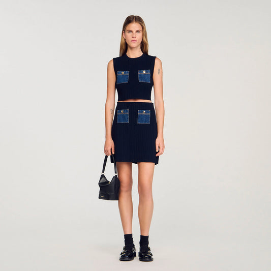 Isolde Knit And Denim Top Navy Blue