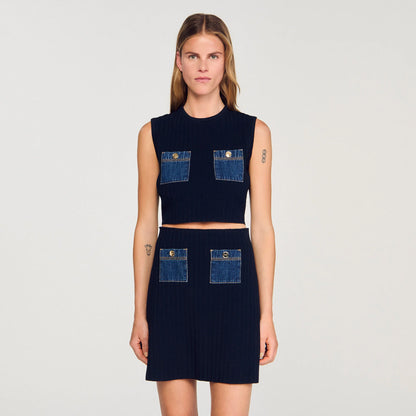 Isolde Knit And Denim Top Navy Blue