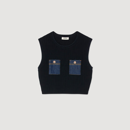 Isolde Knit And Denim Top Navy Blue