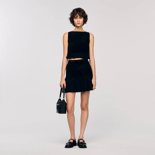 Oreon Ruffled Knit Crop Top Black