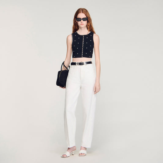 Lilia Jewelled Embroidered Knit Crop Top BLACK