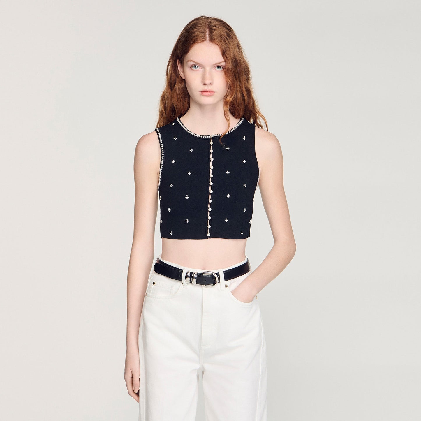 Lilia Jewelled Embroidered Knit Crop Top Black