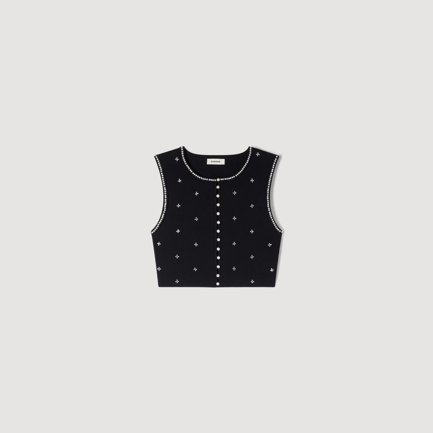 Lilia Jewelled Embroidered Knit Crop Top Black
