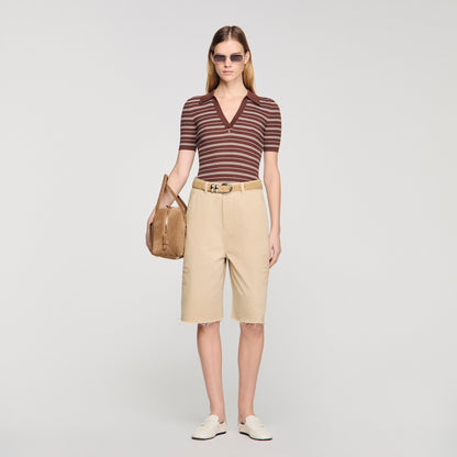 Driss Striped V-Neck Polo Jumper Brown