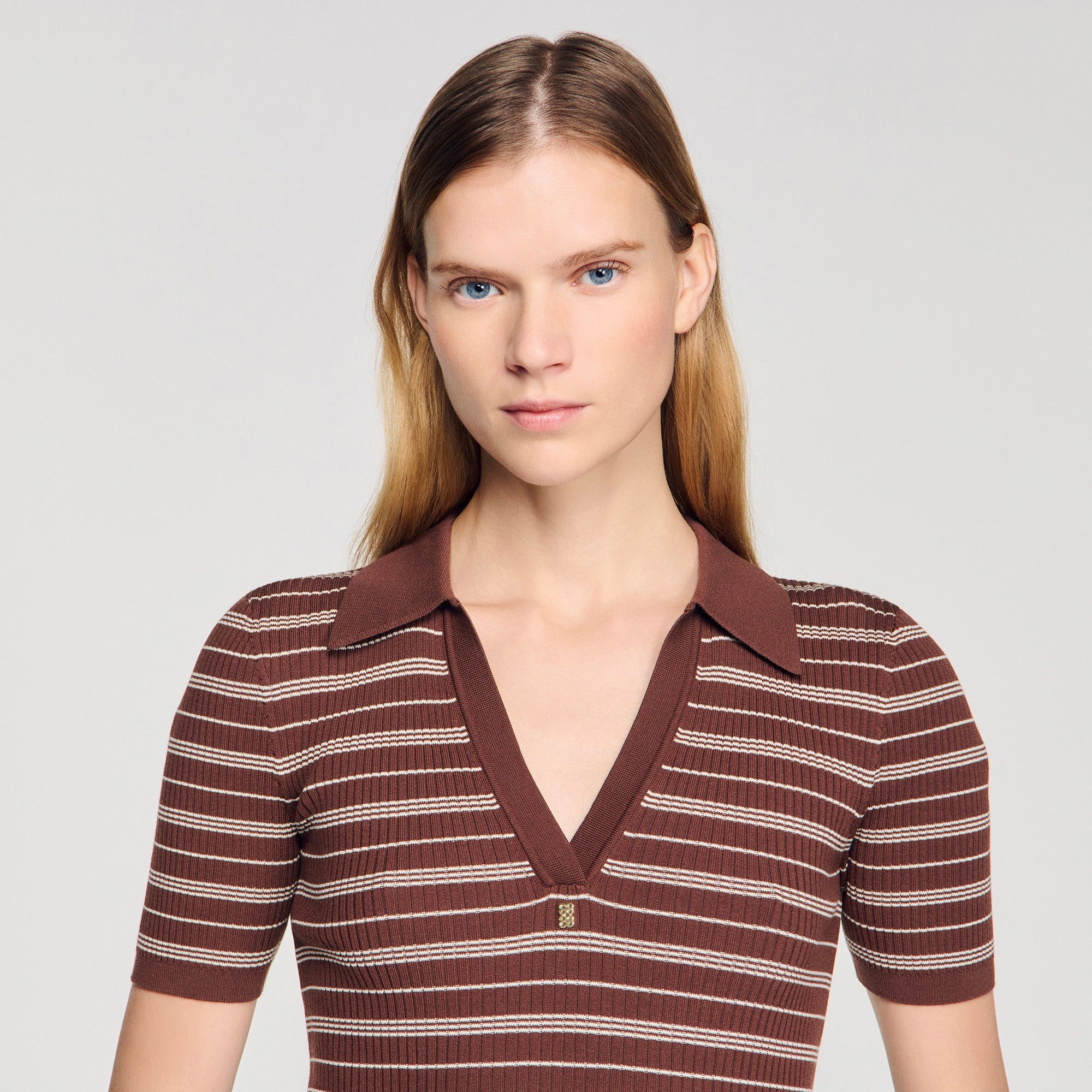 Driss Striped V-Neck Polo Jumper Brown