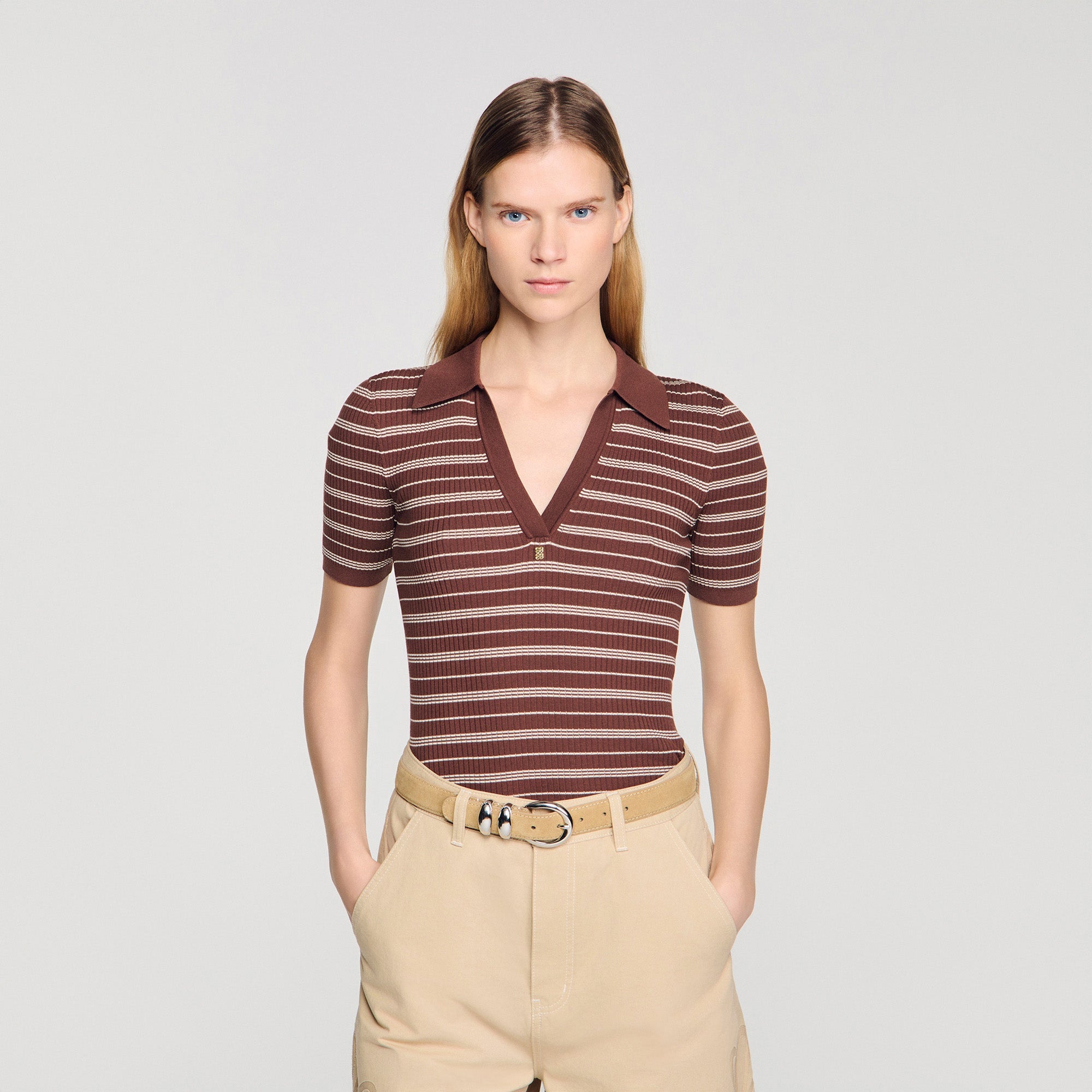 Driss Striped V-Neck Polo Jumper Brown