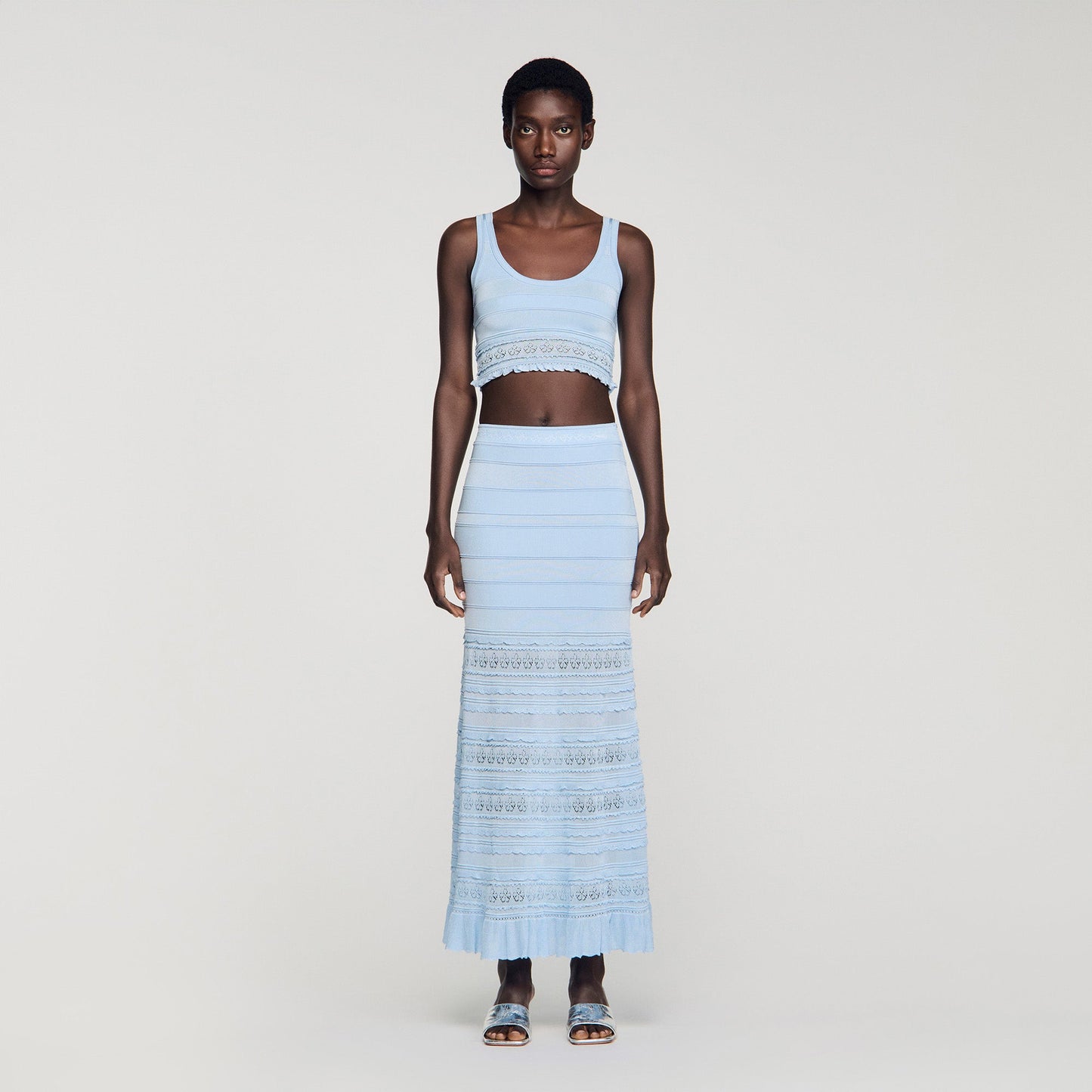 Andre Pointelle Knit Crop Top Sky Blue