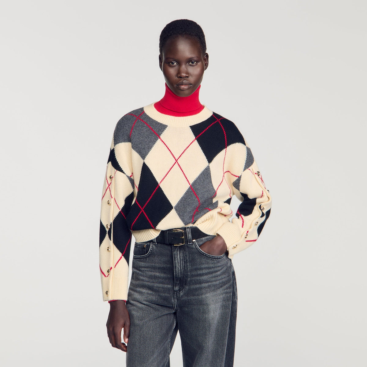 Gracie Argyle Polo Jumper Ecru / Black