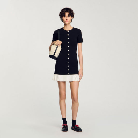 Paradis Short Knit Dress With Ruffle Black / Ecru