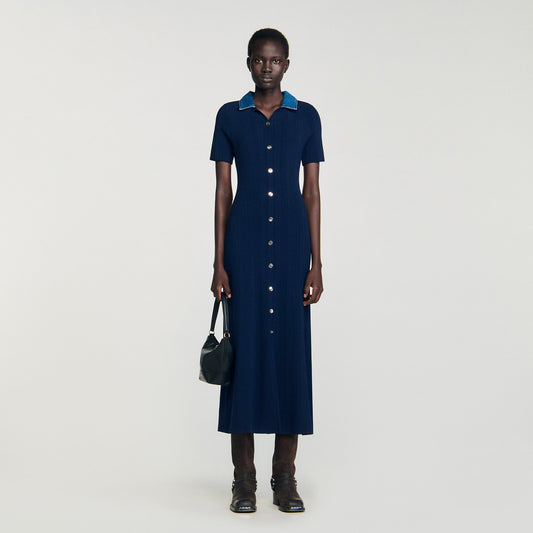 Julietta Denim Collar Knit Maxi Dress Navy Blue