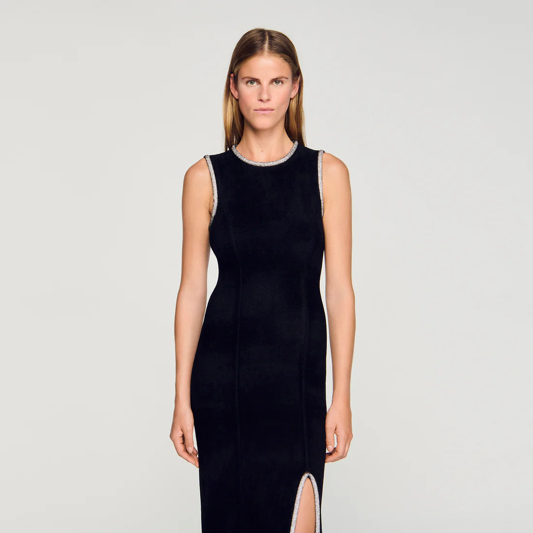 Guoda Rhinestone Slit Maxi Dress Black