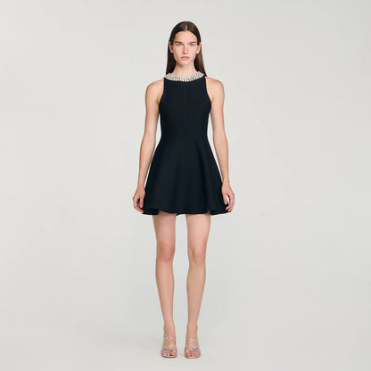 Darcy Short Dress With Pearl Collar Black