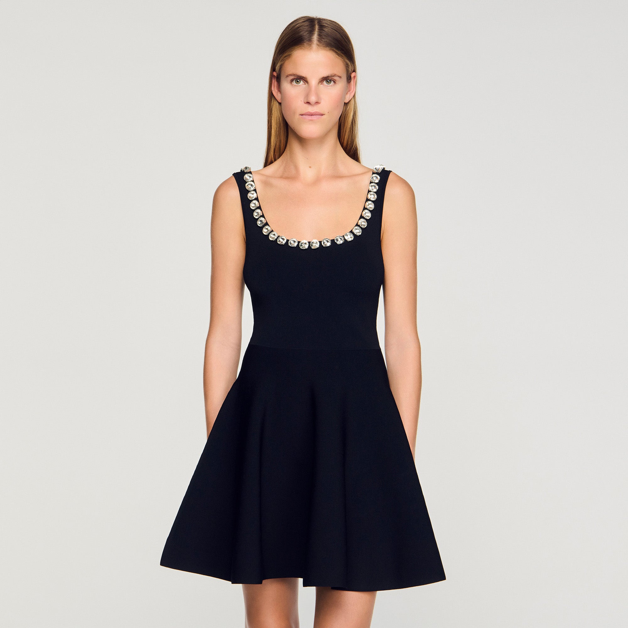 Nelya Short Dress With Rhinestone Neck Black