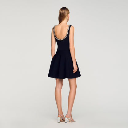Nelya Short Dress With Rhinestone Neck Black