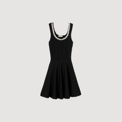 Nelya Short Dress With Rhinestone Neck Black