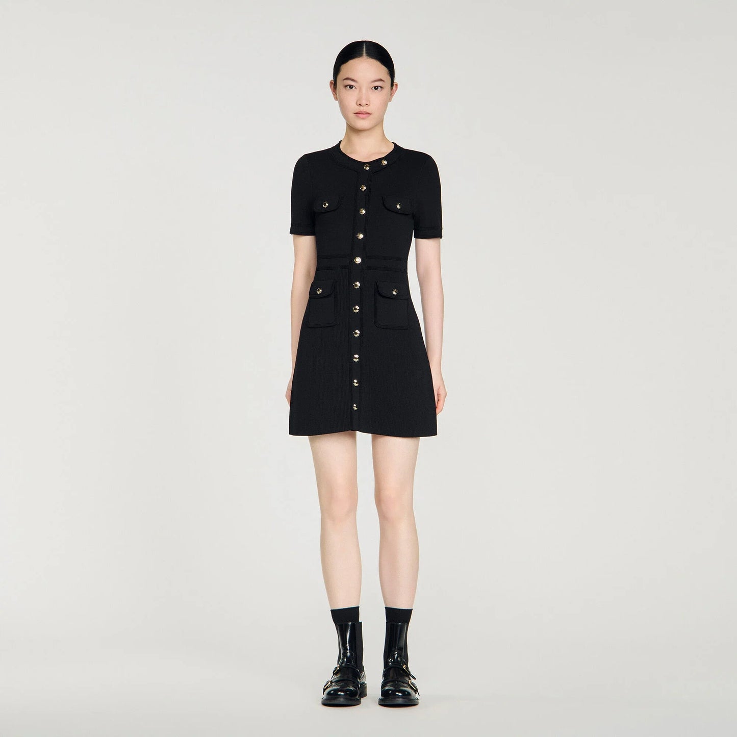 Isis Button-Up Knit Short Dress Black
