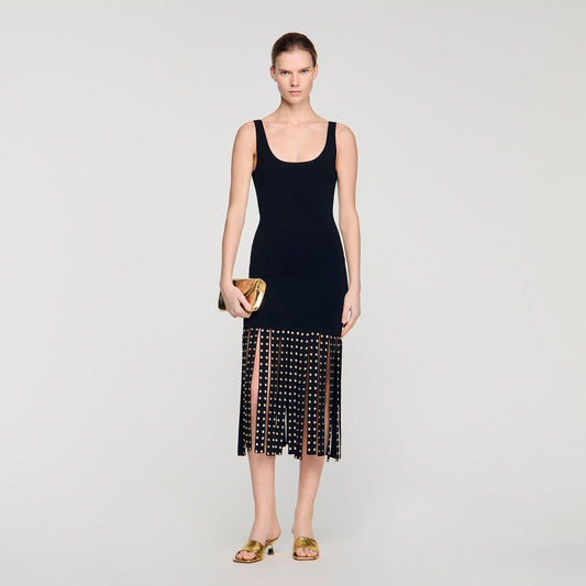 Amelia Fringed Knit Maxi Dress Black