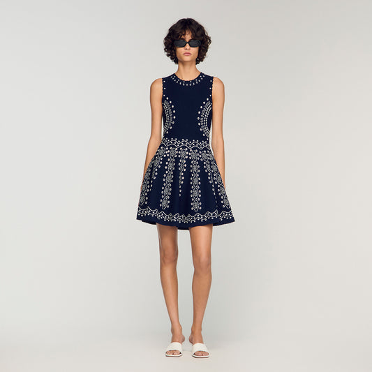 Capri Scarf-Print Knit Short Dress Navy Blue