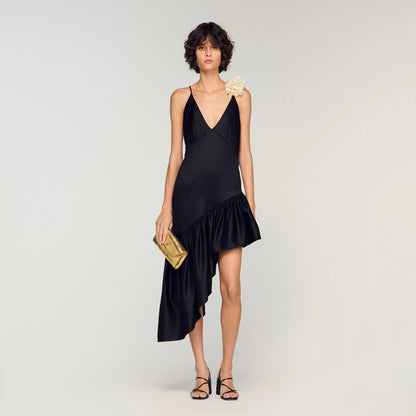 Laurine Floral Print Ruffled Short Dress Black