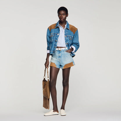 Canyon Riveted Denim And Suede Shorts Light Blue Jean