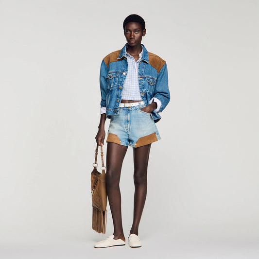 Canyon Riveted Denim And Suede Shorts Light Blue Jean