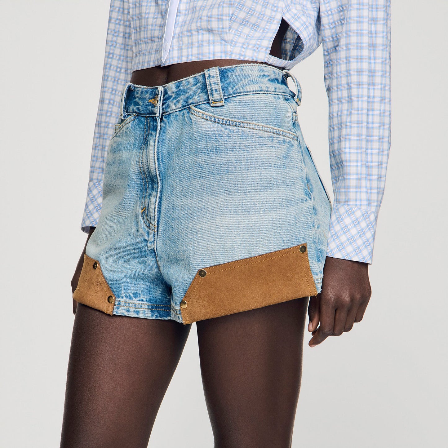 Canyon Riveted Denim And Suede Shorts Light Blue Jean