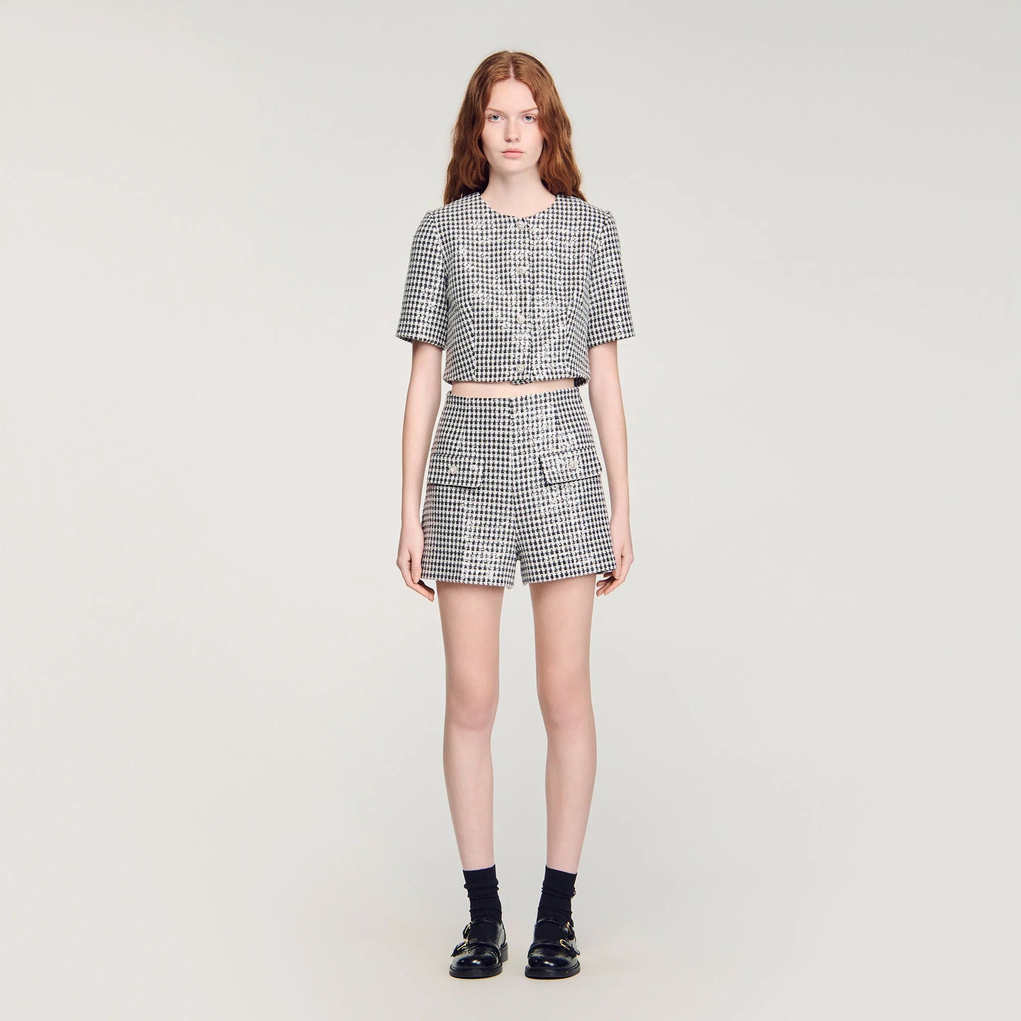 Florent Sequin Houndstooth Tweed Shorts Black / White