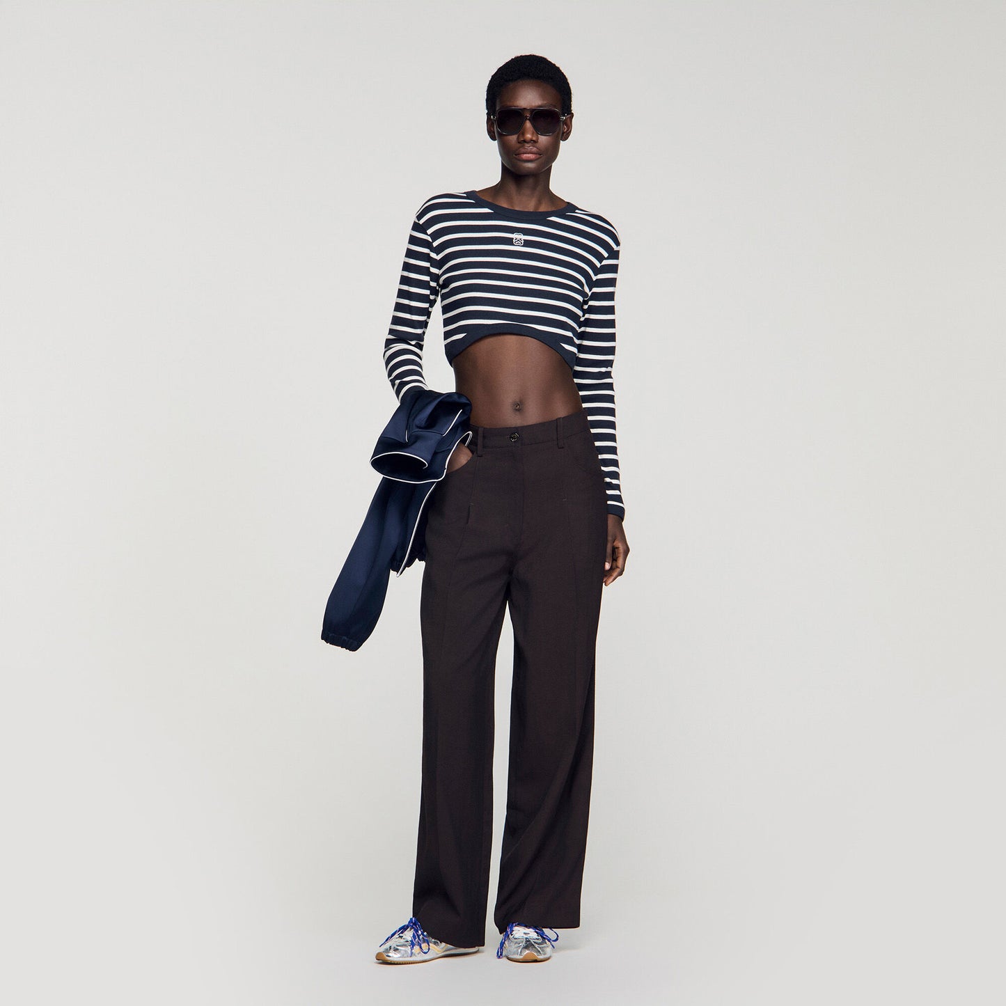 Lyvie Cropped Striped Cotton T-Shirt Marine / Blanc