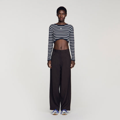 Lyvie Cropped Striped Cotton T-Shirt Marine / Blanc