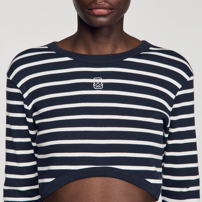 Lyvie Cropped Striped Cotton T-Shirt Marine / Blanc