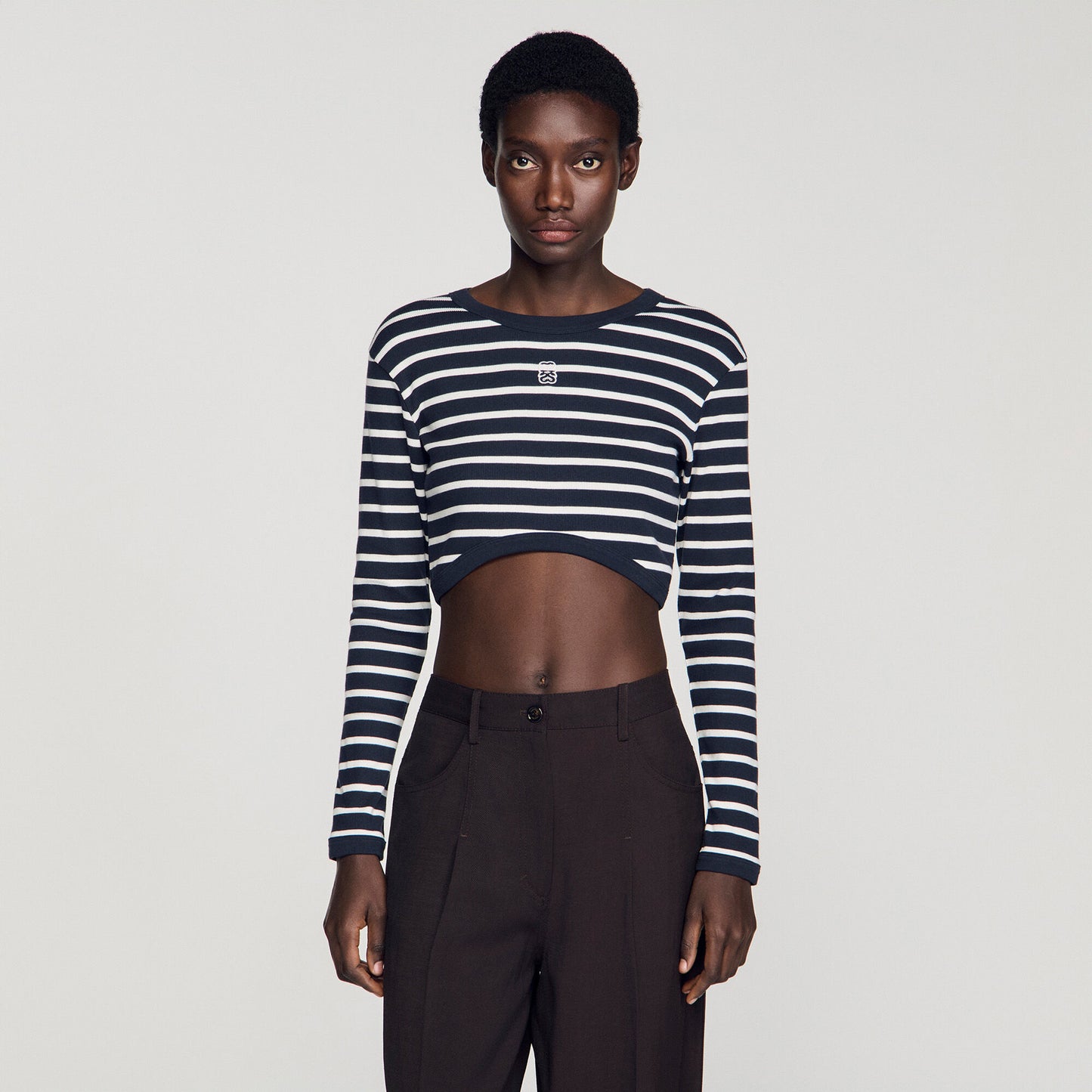 Lyvie Cropped Striped Cotton T-Shirt Marine / Blanc