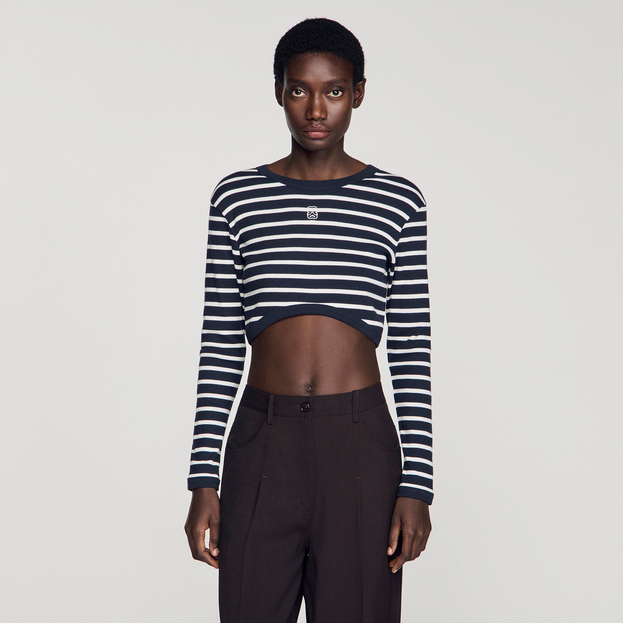 Lyvie Cropped Striped Cotton T-Shirt Marine / Blanc