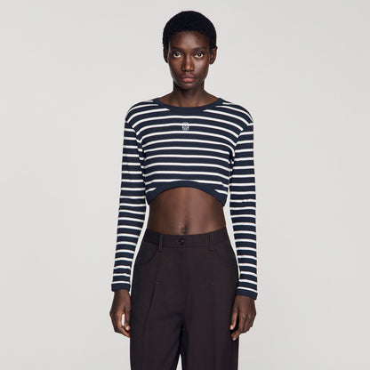 Lyvie Cropped Striped Cotton T-Shirt Marine / Blanc