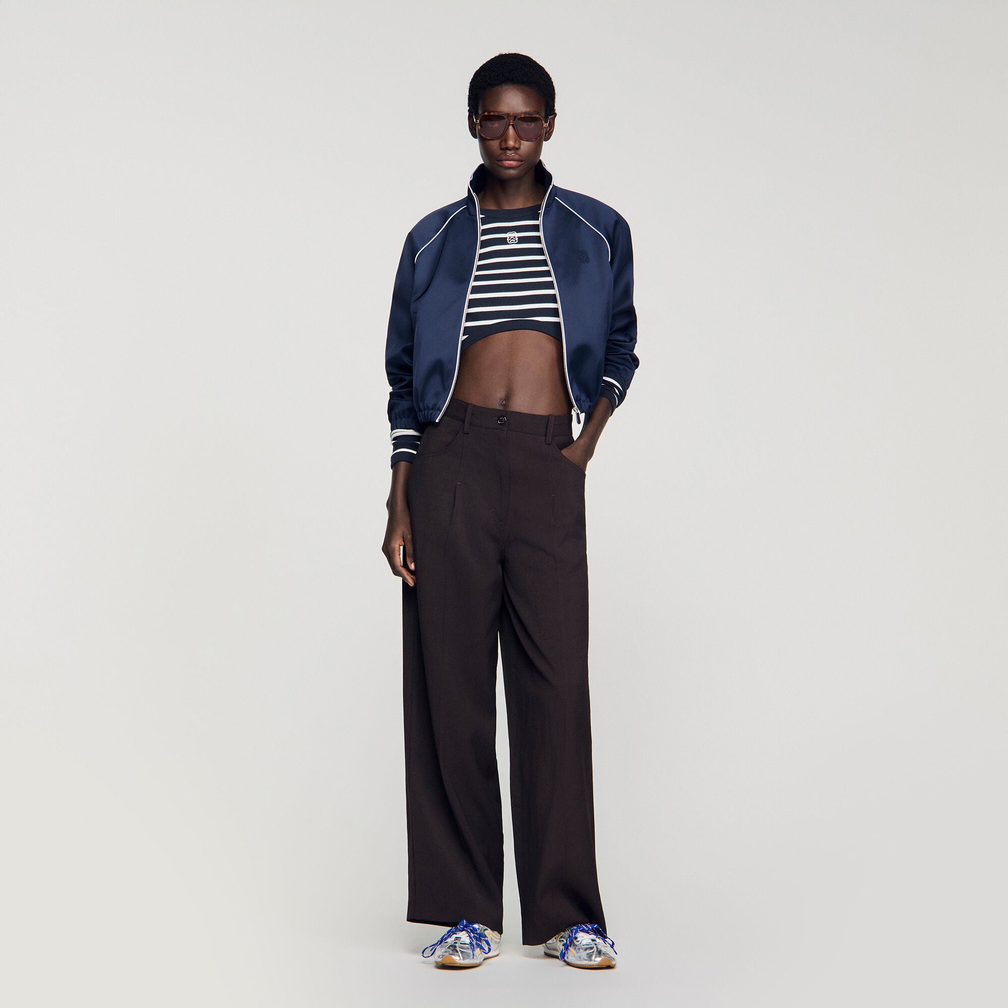 Lyvie Cropped Striped Cotton T-Shirt Marine / Blanc