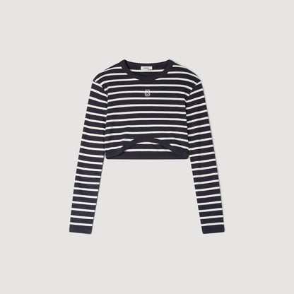 Lyvie Cropped Striped Cotton T-Shirt Marine / Blanc