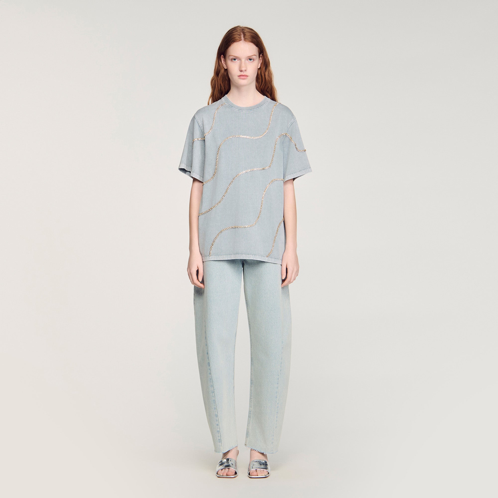 Strass Wave Rhinestone T-Shirt Grey