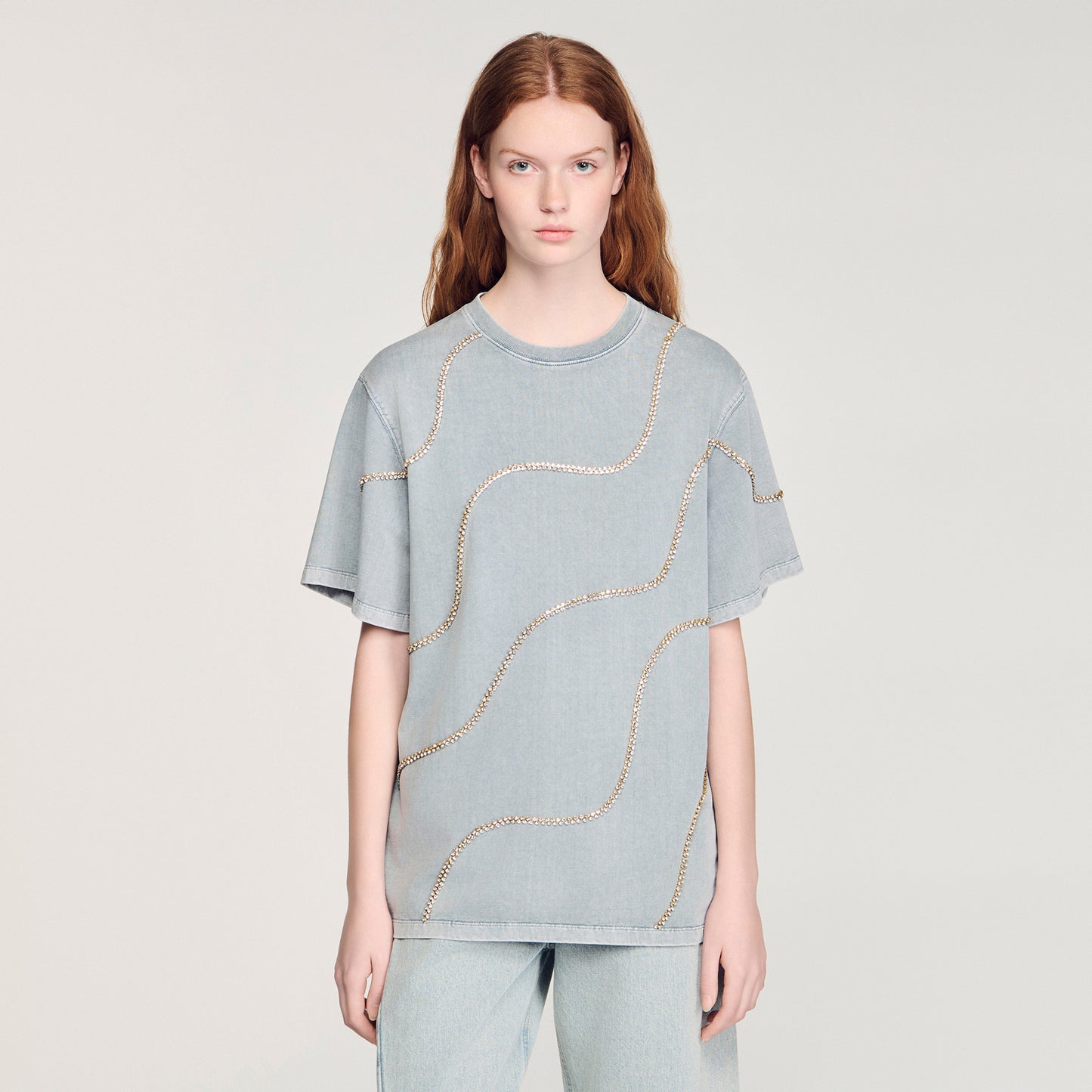 Strass Wave Rhinestone T-Shirt Grey