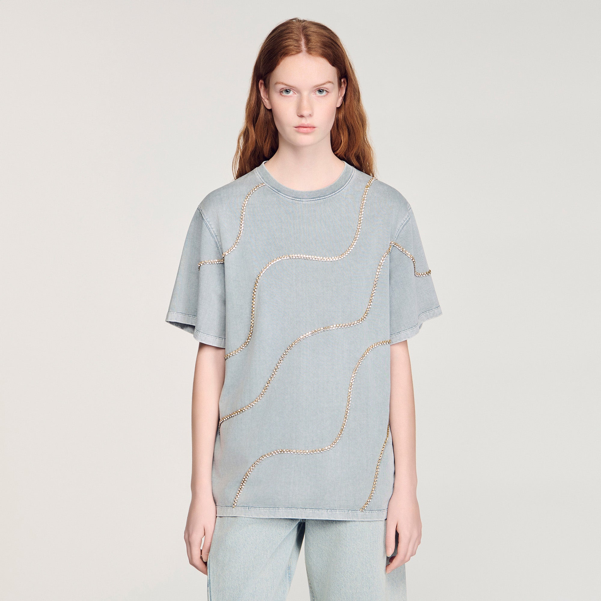 Strass Wave Rhinestone T-Shirt Grey
