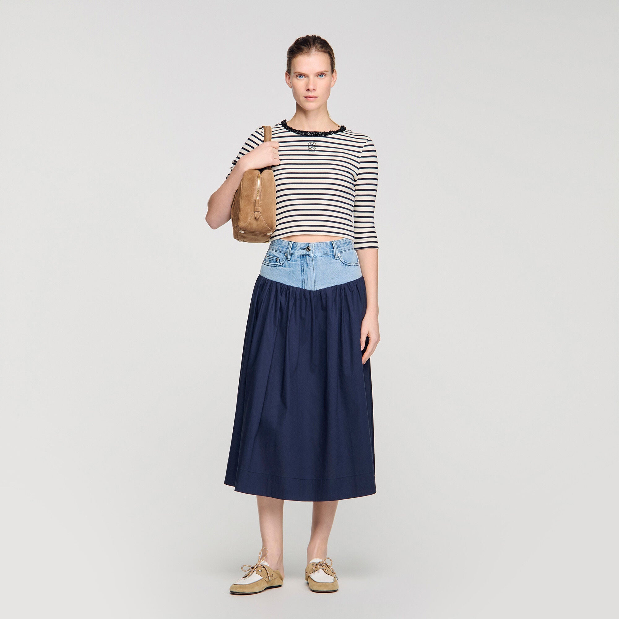 Aubin Short Striped Tee With Pearl Collar Navy Blue