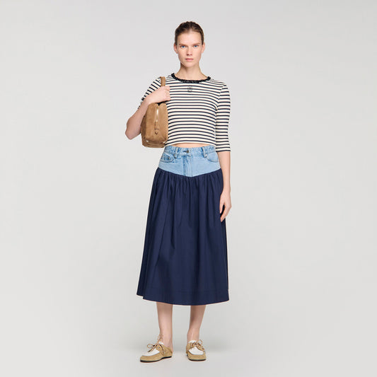 Aubin Short Striped Tee With Pearl Collar Navy Blue