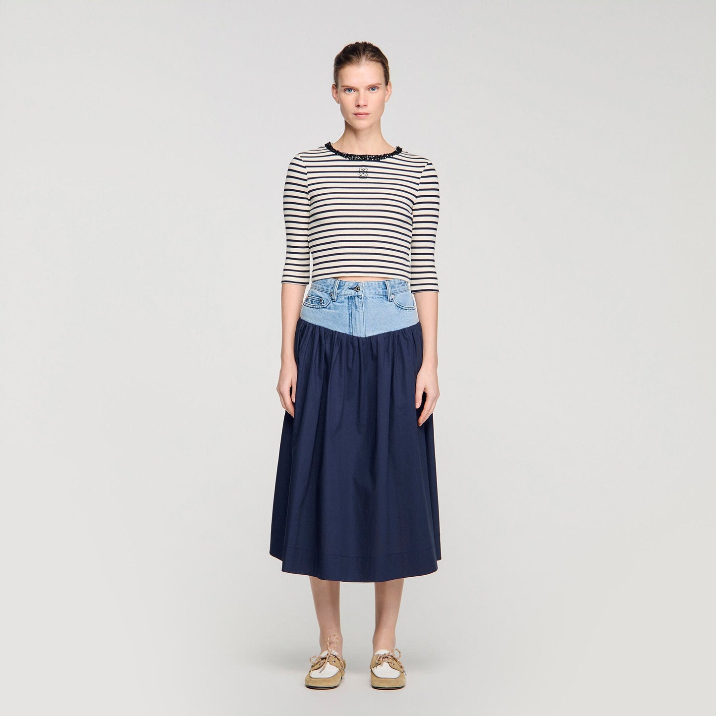 Aubin Short Striped Tee With Pearl Collar Navy Blue