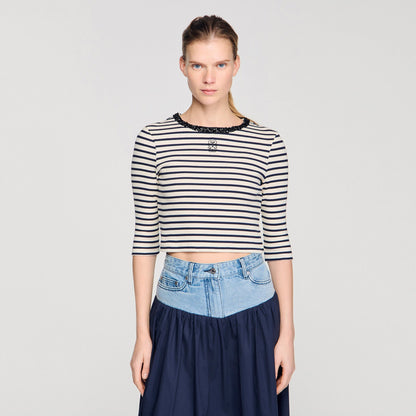 Aubin Short Striped Tee With Pearl Collar Navy Blue