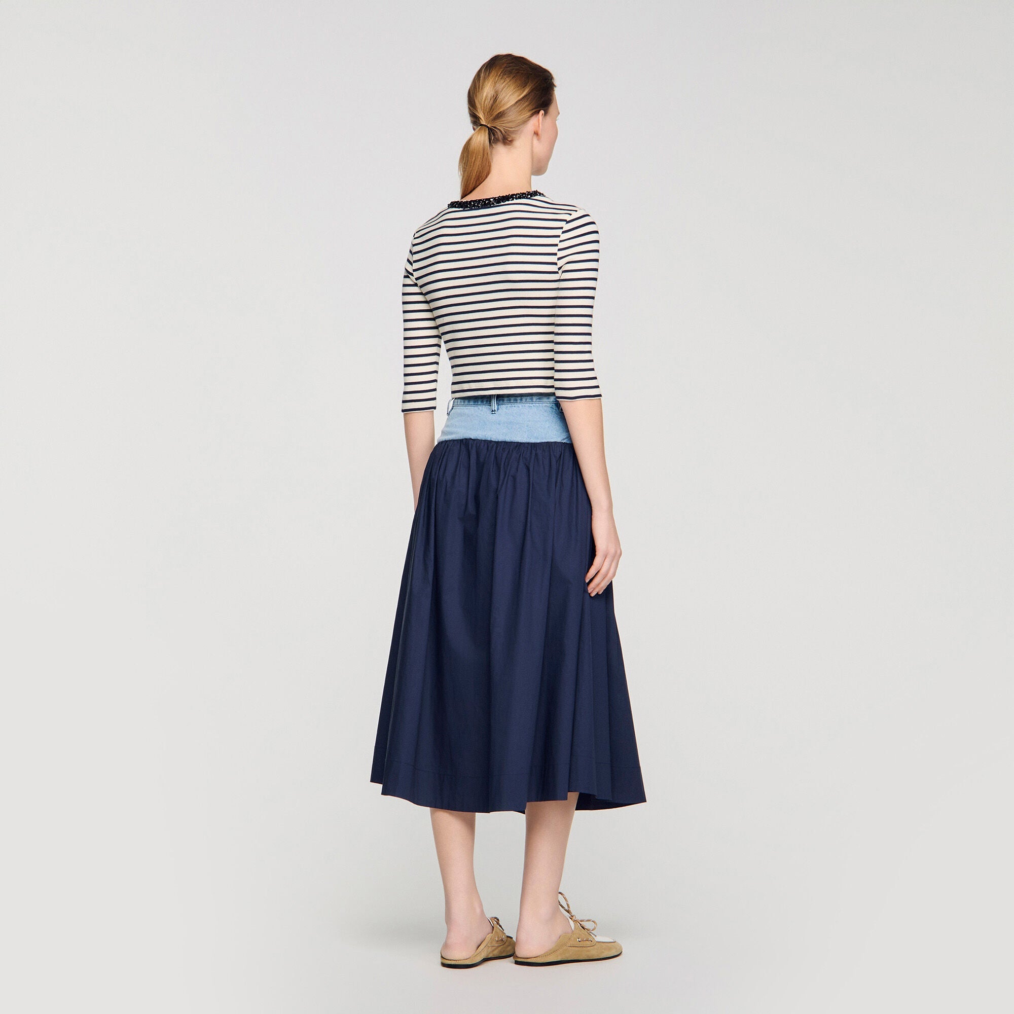 Aubin Short Striped Tee With Pearl Collar Navy Blue