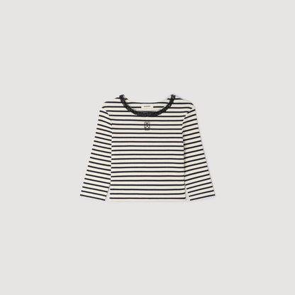 Aubin Short Striped Tee With Pearl Collar Navy Blue