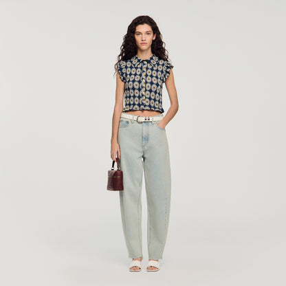 Camila Flower Print Smocked T-Shirt Deep Blue / Ocher